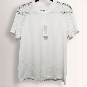 NWT Women’s Lace Sleeve Sweater Dressy Lightweight Crewneck Blouse White Size L